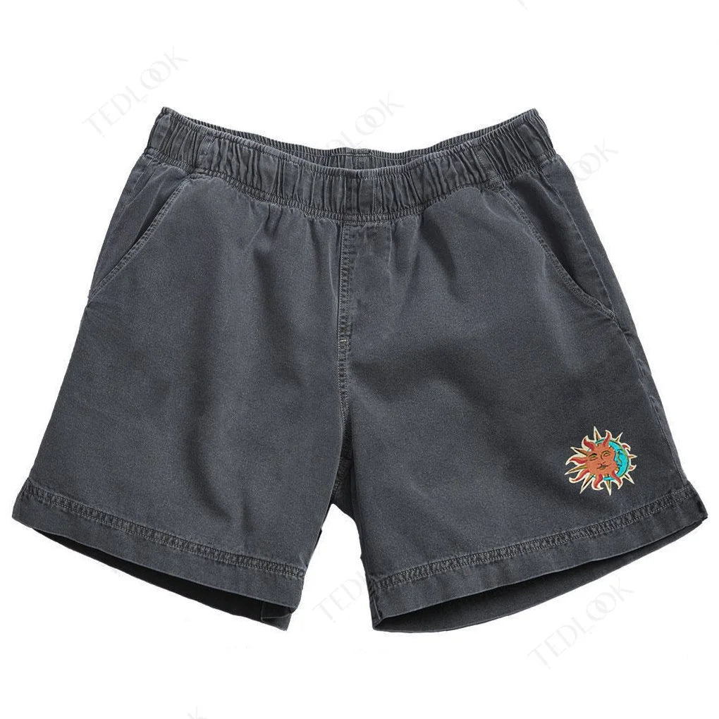 Unisex Retro Sun & Moon Print Elastic Waist Shorts by Cayclaire.com