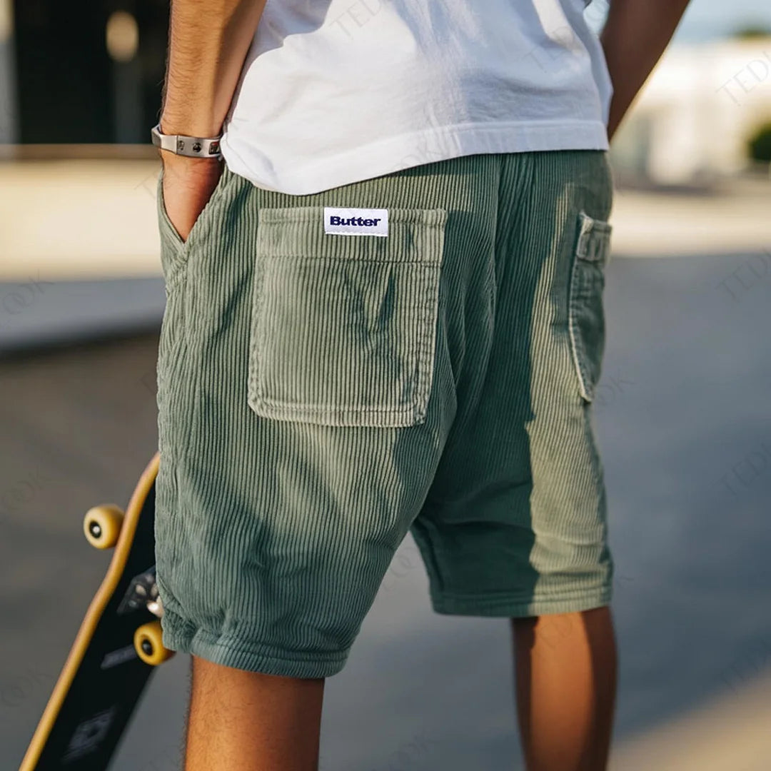 Cayclaire.com Mens Vintage Pockets Baggy Light Green Casual Corduroy Shorts