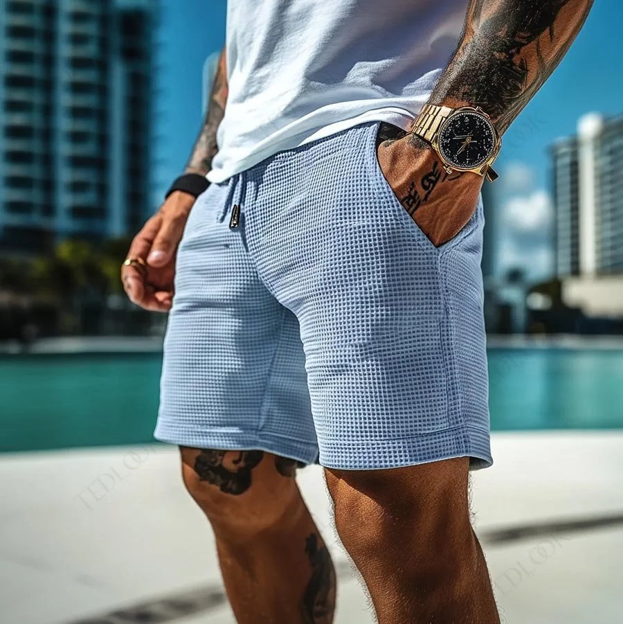 Cayclaire.com Mens Vintage Waffle Knit Drawstring Shorts