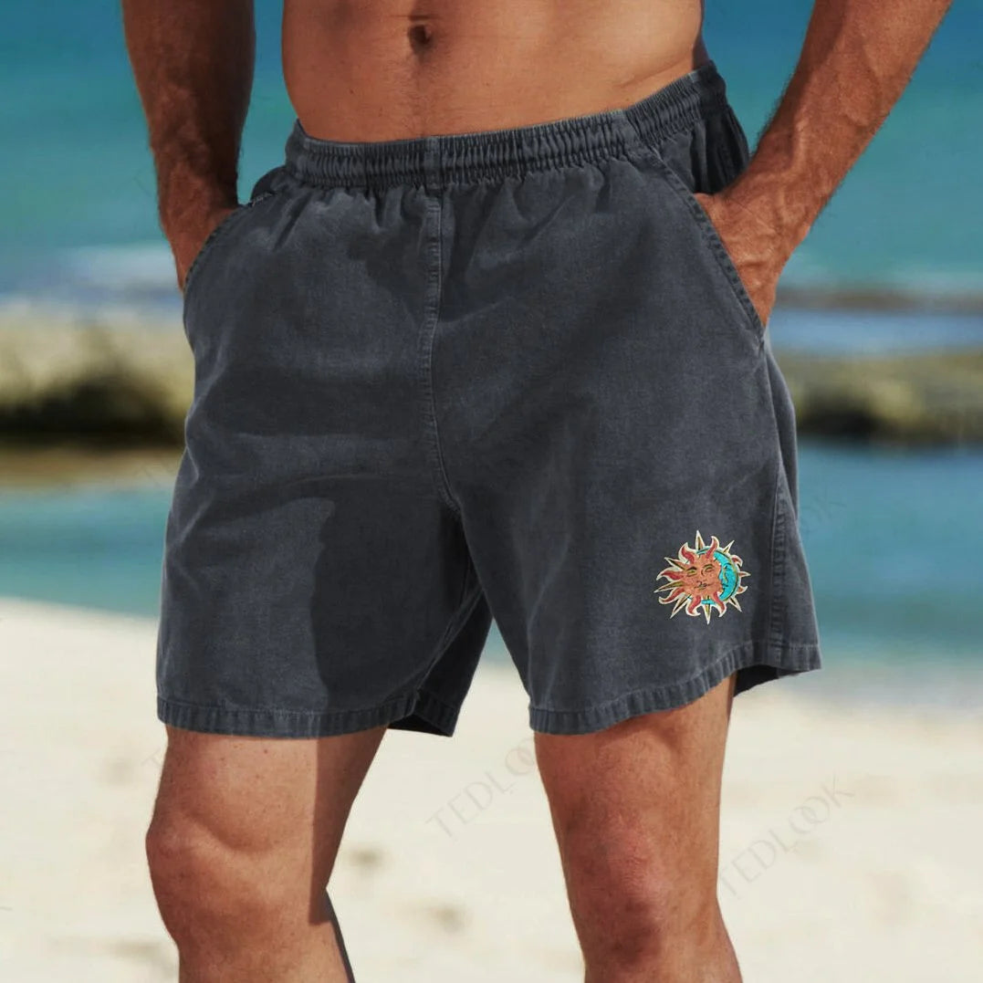 Unisex Retro Sun & Moon Print Elastic Waist Shorts by Cayclaire.com