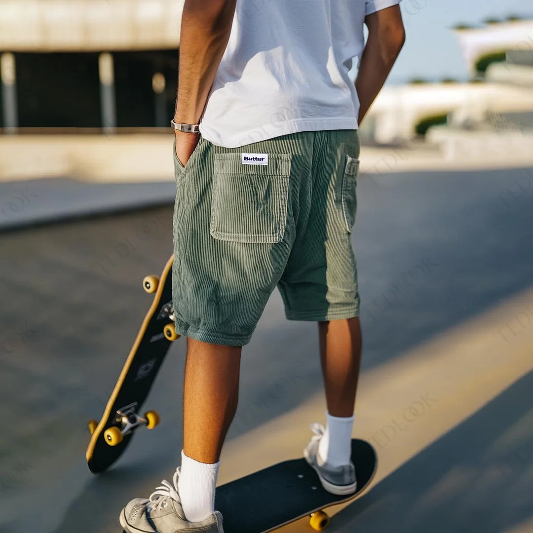 Cayclaire.com Mens Vintage Pockets Baggy Light Green Casual Corduroy Shorts